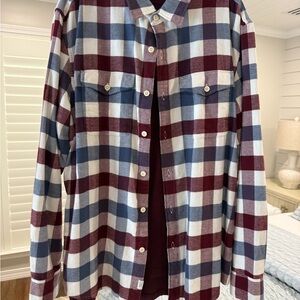 American Eagle Plaid Button-Up Shirt in Red and Blue with Shirt Underneath